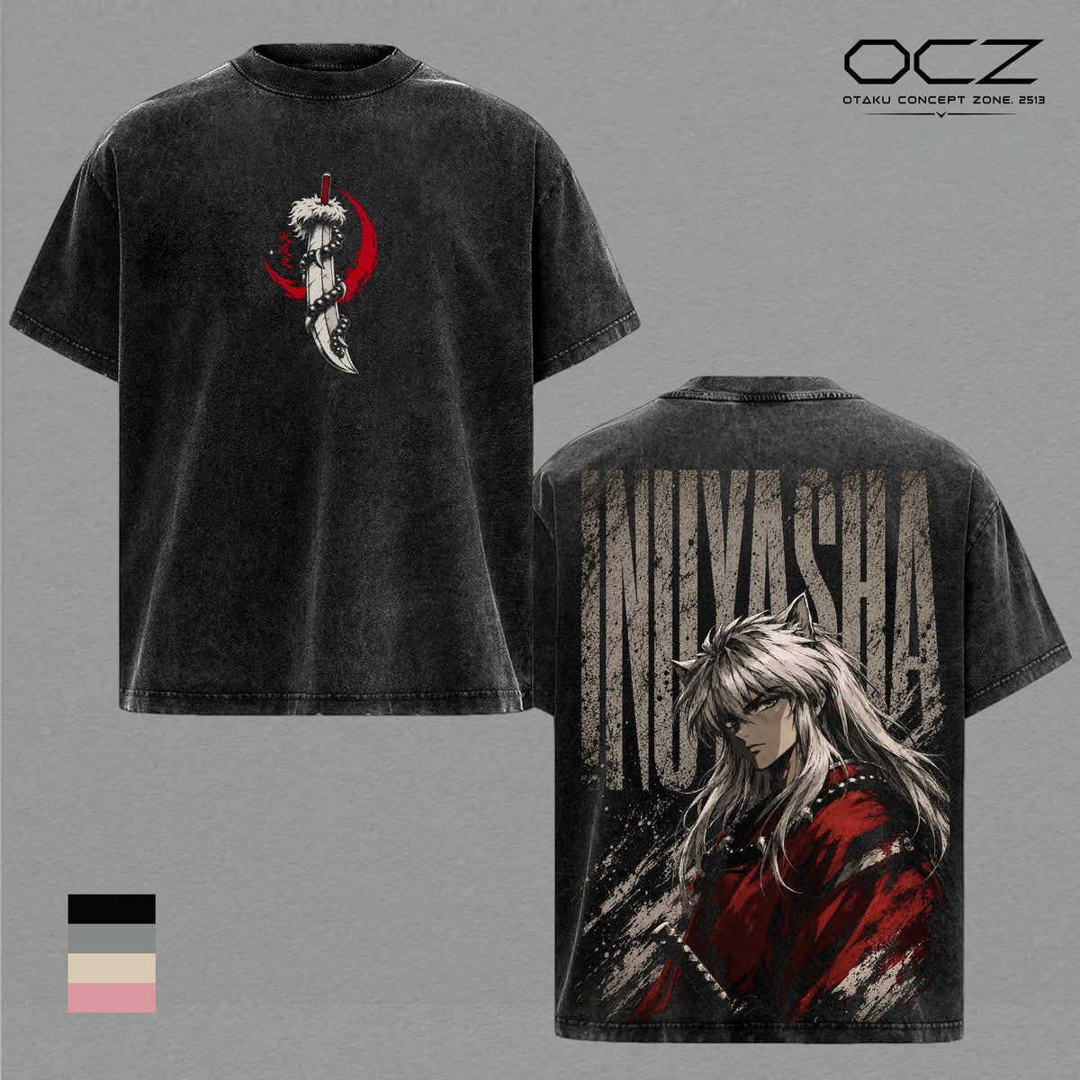 Inuyasha Vintage Washed T-Shirt, Half Demon Anime Graphic Tee, Tessaiga Sword Double Sided Print, Heavyweight Cotton Oversized Manga Streetwear Shirt