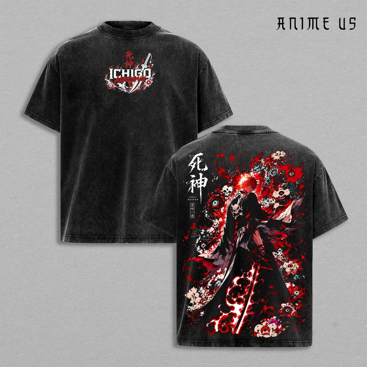 Ichigo Kurosaki Bleach Anime Shirt Soul Reaper Bankai Vintage Washed Oversized Graphic Tee Hollow Power