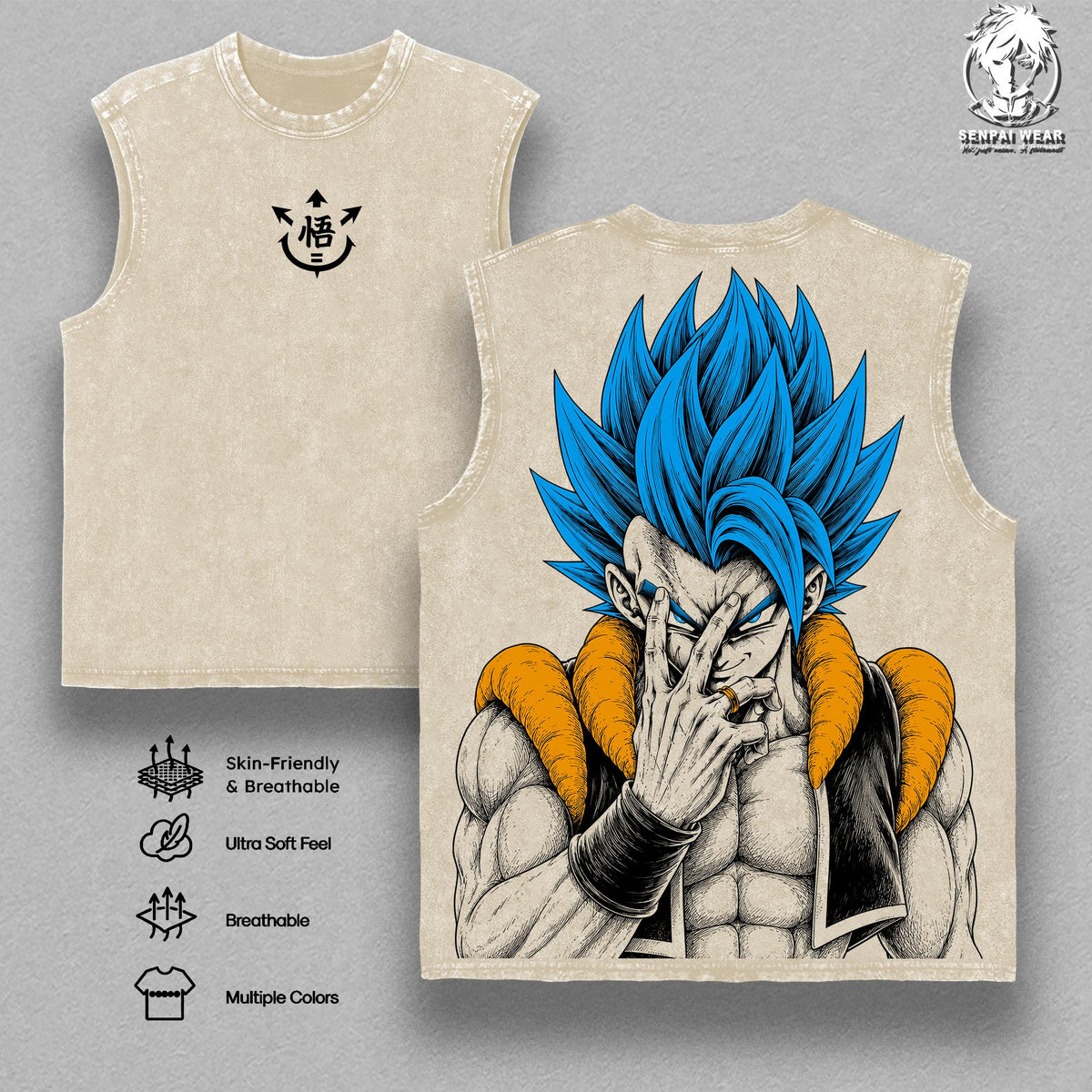 Gogeta DBZ Blue Super Saiyan Anime Vintage Washed Tank Top