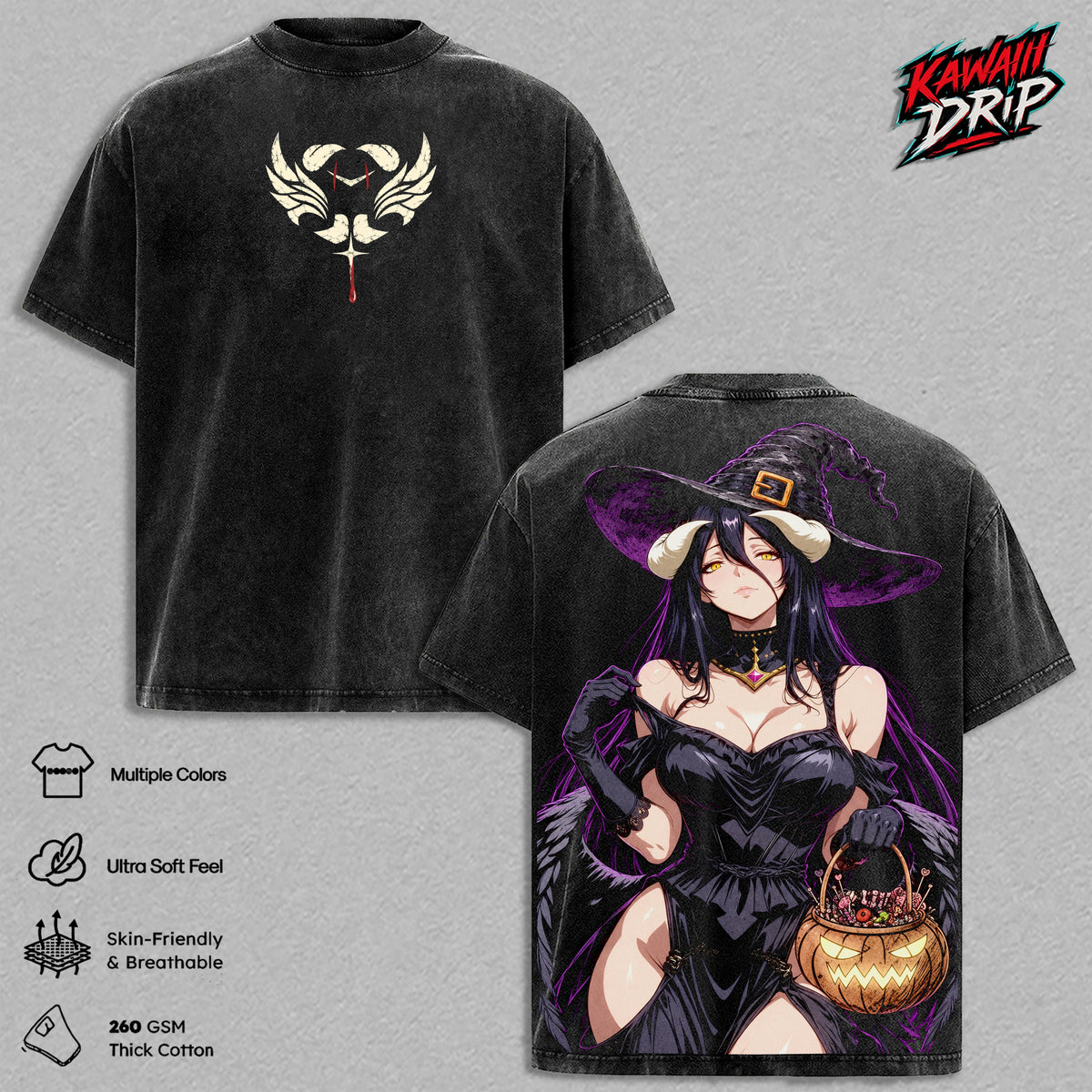 Albedo Overlord Halloween Witch Anime Vintage Washed Tee