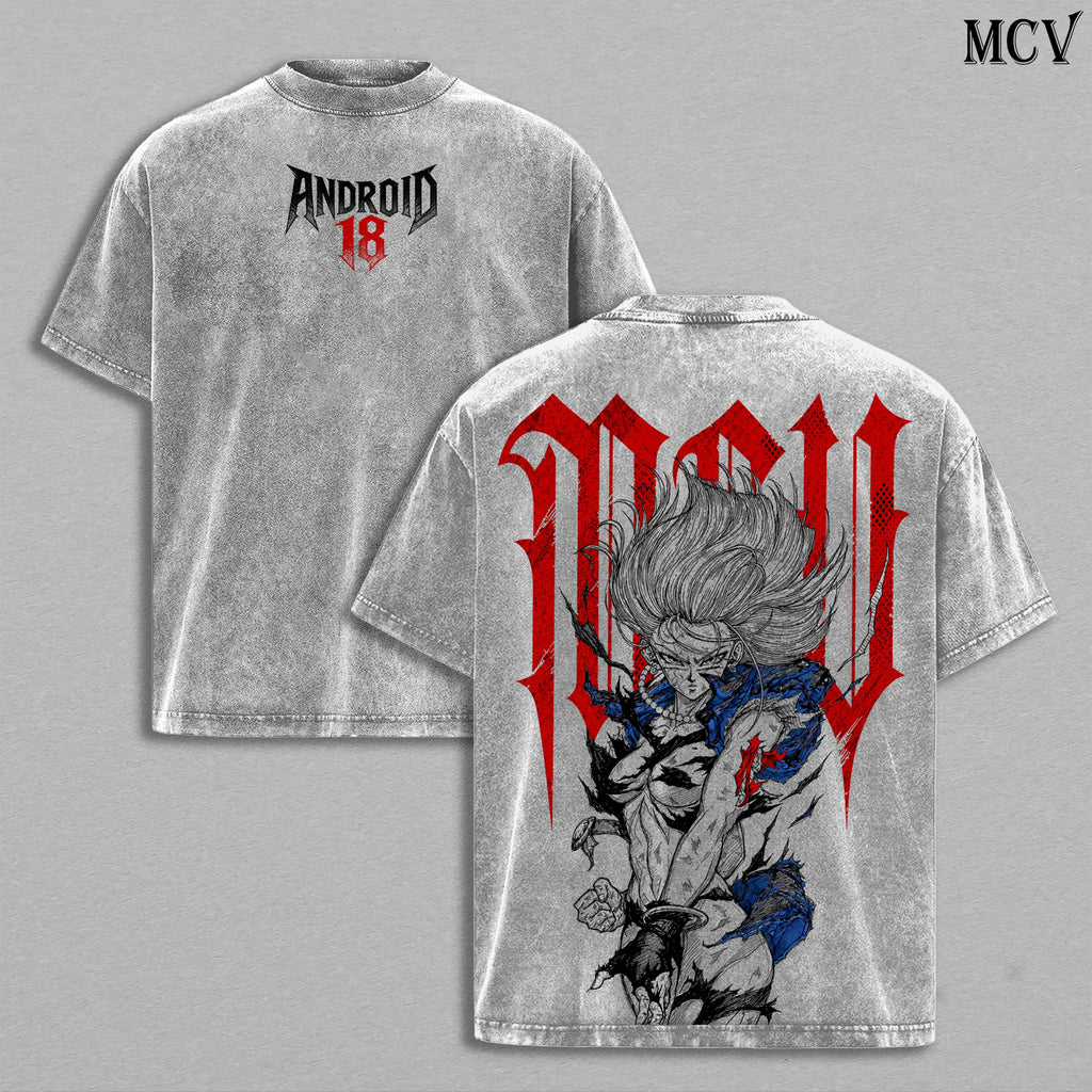 Android 18 DBZ Blonde Cyborg 18 Vintage Washed T-Shirt | Anime Android Girl Graphic Tee | Retro Power Fighter Streetwear Oversized Shirt