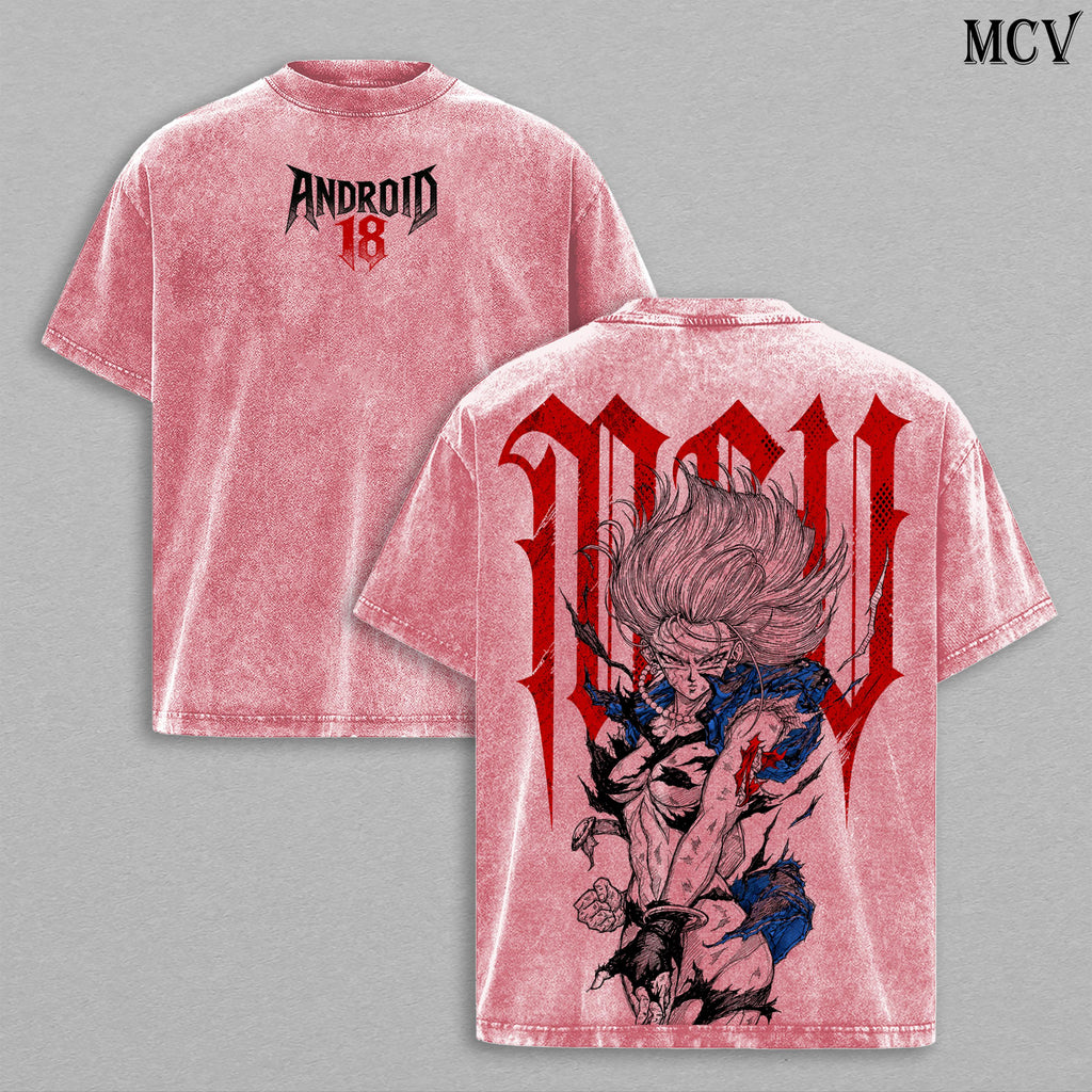 Android 18 DBZ Blonde Cyborg 18 Vintage Washed T-Shirt | Anime Android Girl Graphic Tee | Retro Power Fighter Streetwear Oversized Shirt