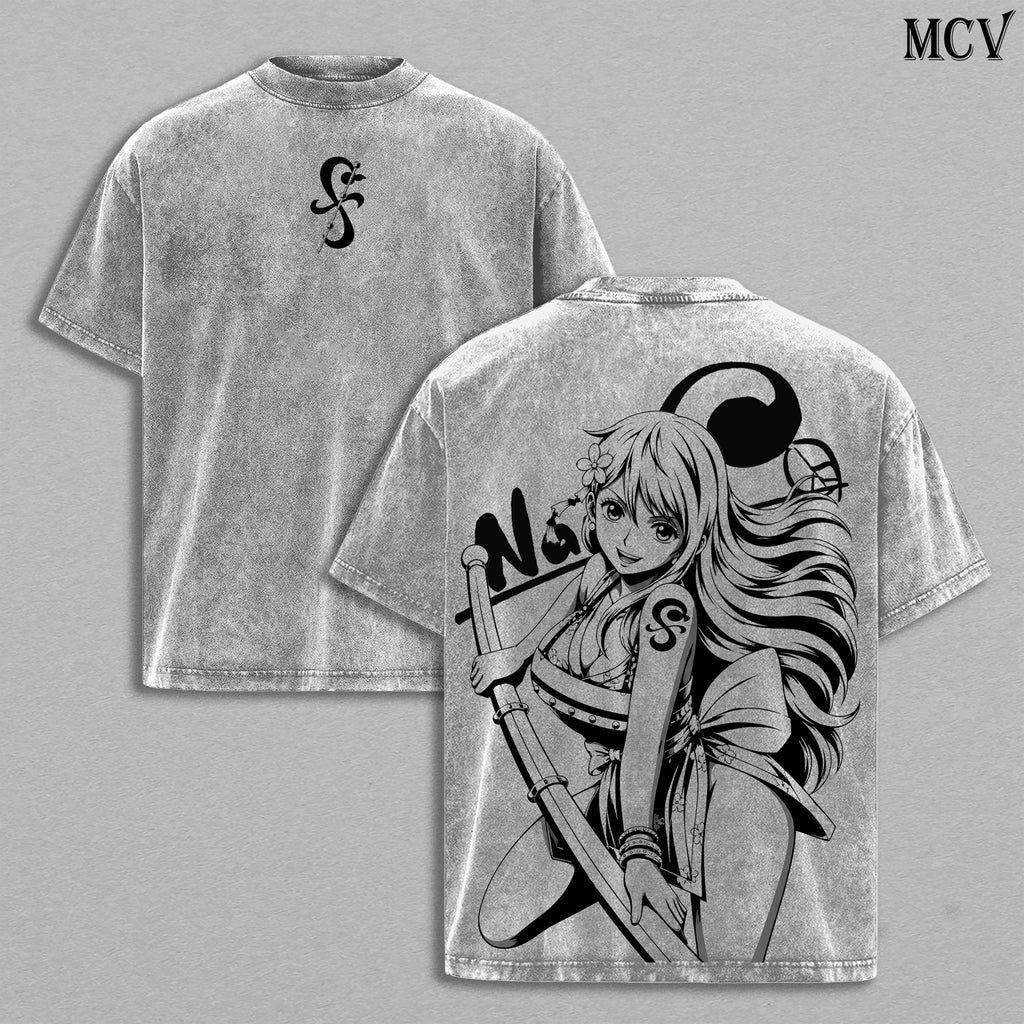 Nami Washed Tee – One Piece Anime Manga Lightning Girl Graphic Double Printed T-Shirt, Menswear Heavy Cotton Unisex Oversize Vintage Streetwear