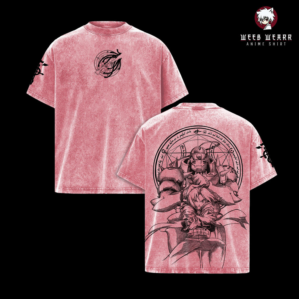 Fullmetal Alchemist Edward & Alphonse Elric Shirt – Vintage Washed Oversized Heavy Cotton Anime Graphic T-Shirt, Retro Manga Streetwear Top FMA Merch