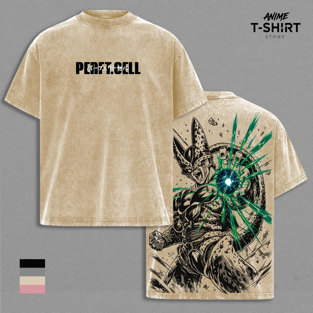 Perfect Cell DBZ T-Shirt - Perfect Cell Graphic Oversized Vintage Tee, DBZ Perfect Form Anime Merch, Washed Black Cotton Unisex