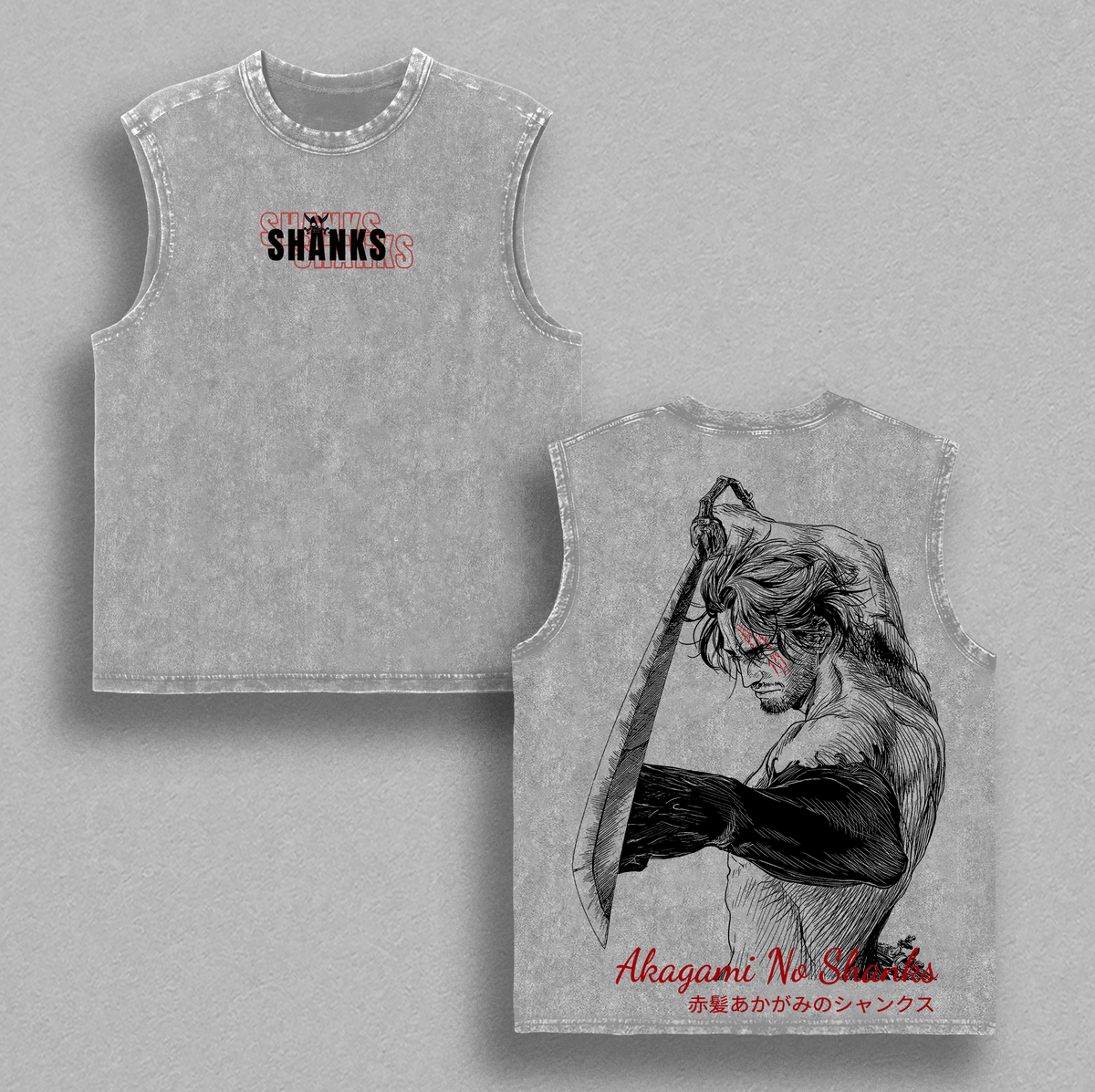 Akagami no Shanks Anime Double Printed Vintage Washed Tee Unisex Oversize Anime Manga Washed Heavyweight Cotton T-shirt