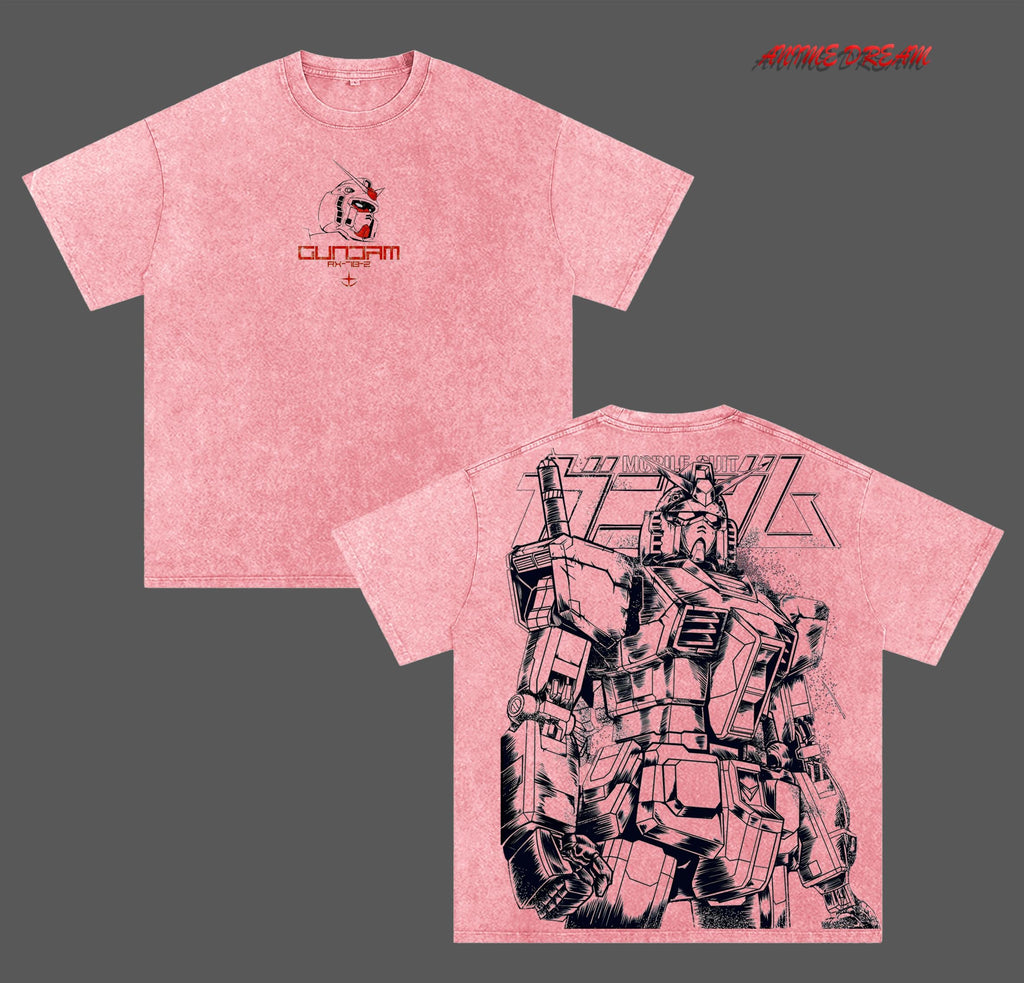 RX-78-2 Gundam Mobile Suit Anime Double Printed Vintage Washed Tee Unisex Oversize Heavyweight Cotton T-shirt for Anime Fans and Lovers
