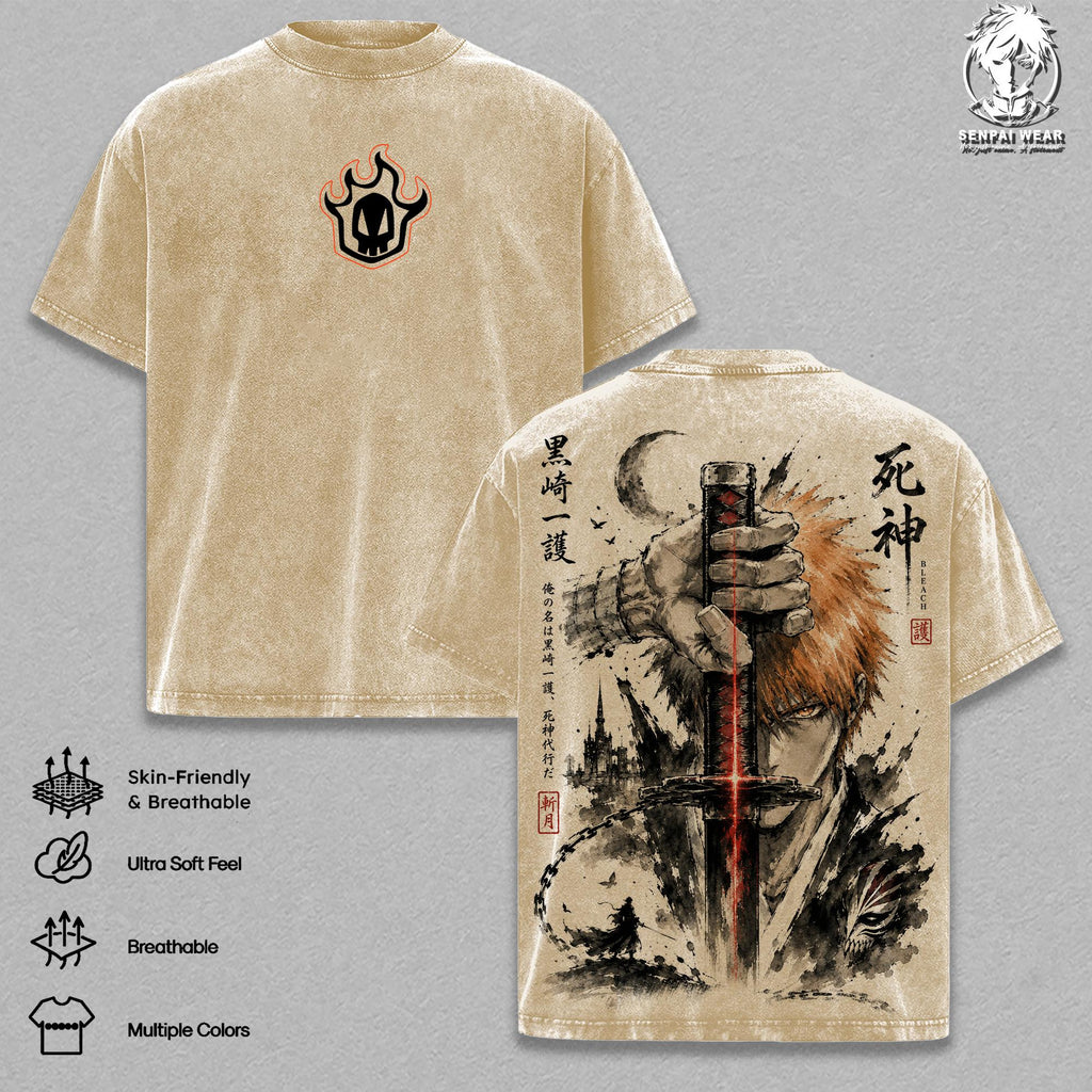 Ichigo Kurosaki Bleach Vintage Washed Oversized T-Shirt, Soul Reaper Bankai Anime Graphic Tee