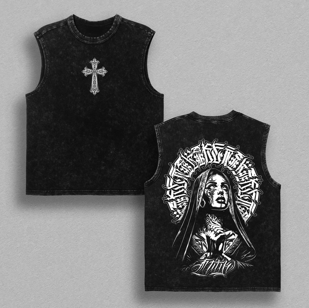 Praying Nun Gothic Cross Christian Vintage Washed Tee