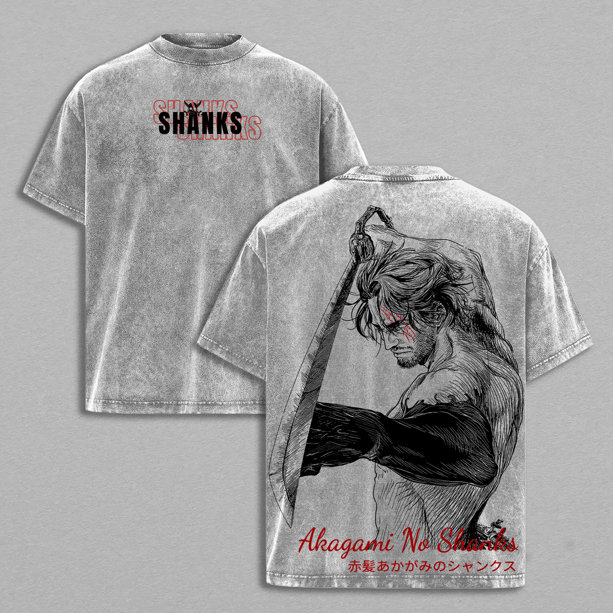 Akagami no Shanks Anime Double Printed Vintage Washed Tee Unisex Oversize Anime Manga Washed Heavyweight Cotton T-shirt