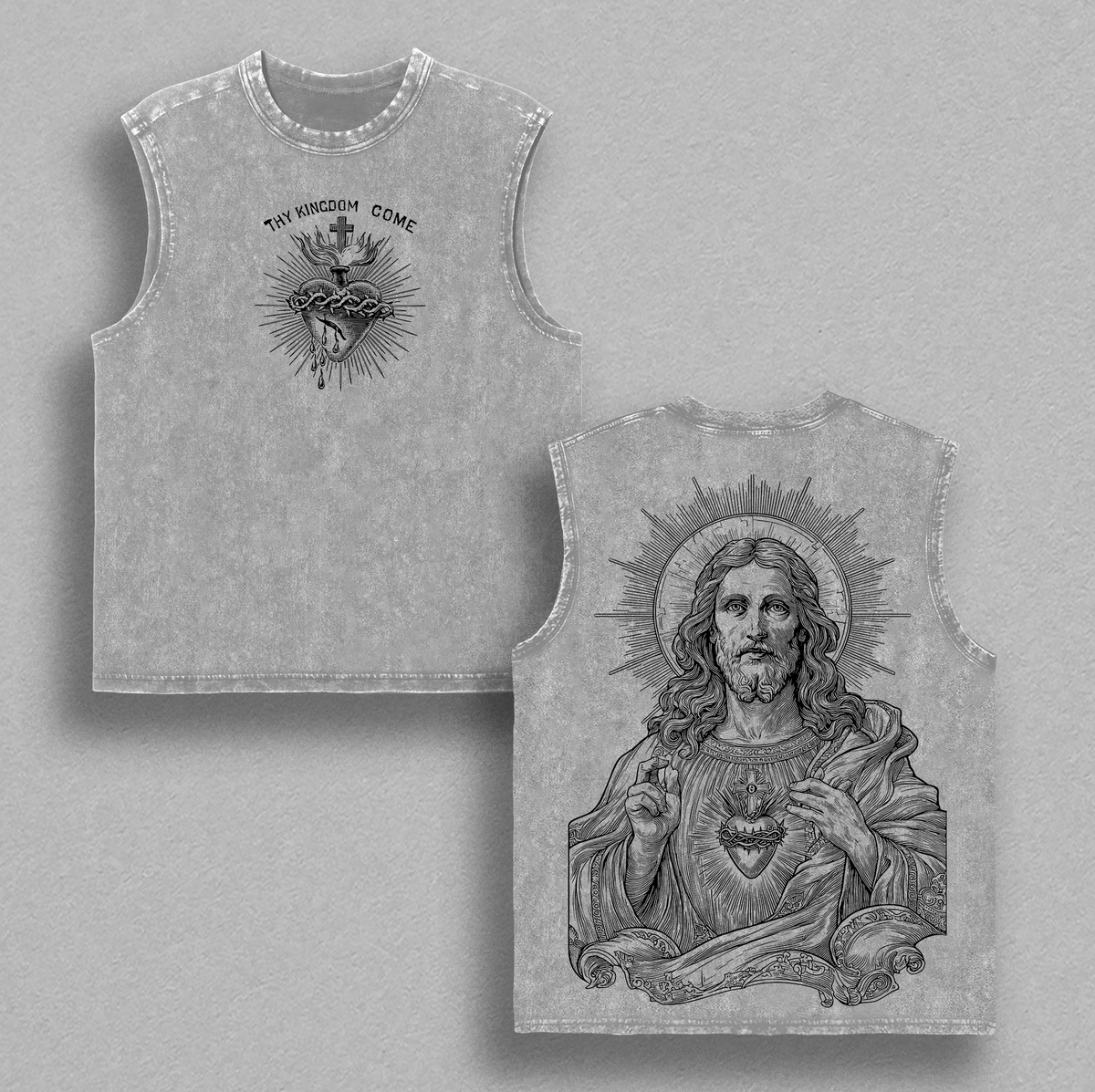Sacred Heart Jesus Thy Kingdom Come Christian Vintage Washed Tee