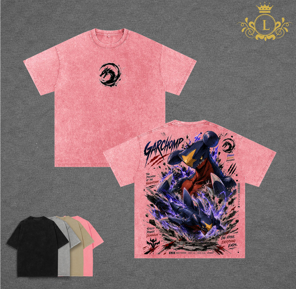 Pocket Monsters - Garchomp Wash TShirt Vintage Unisex Oversize Anime Manga Acid Washed Heavyweight Cotton T-shirt for Fans