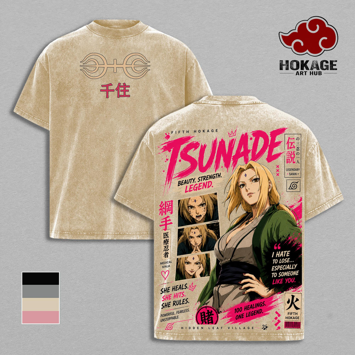 Tsunade NRT Anime Double Printed Vintage Washed Tee Unisex Oversize Anime Manga Washed Heavyweight Cotton T-shirt