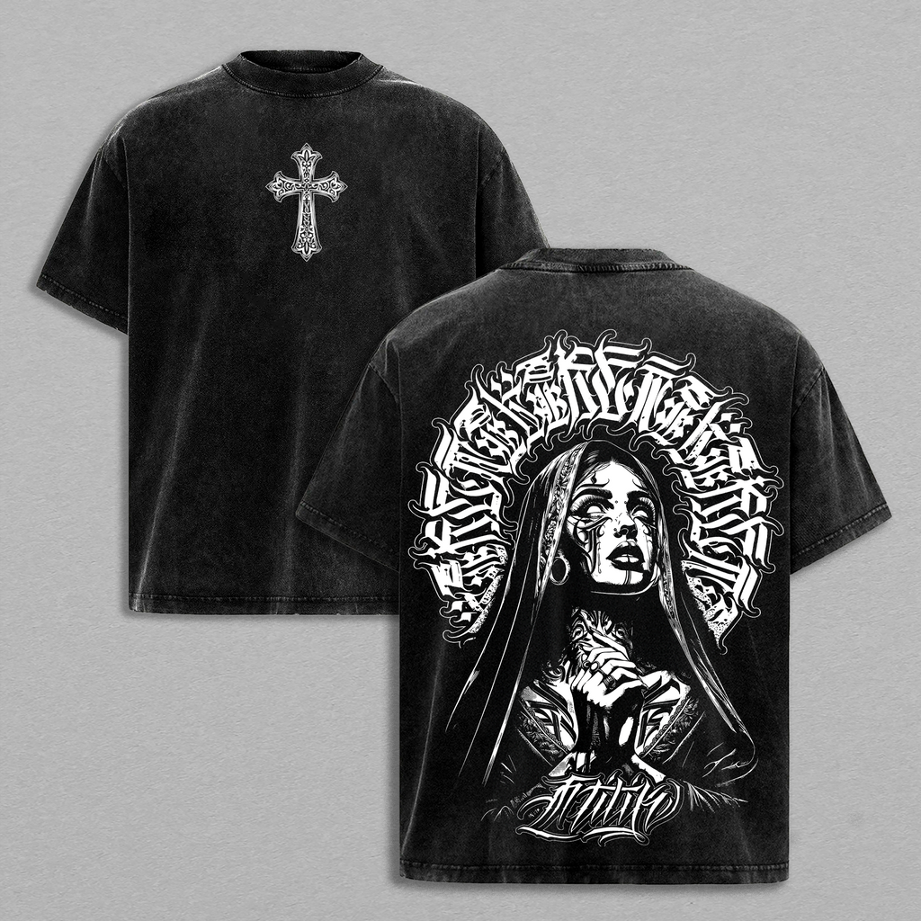 Praying Nun Gothic Cross Christian Vintage Washed Tee
