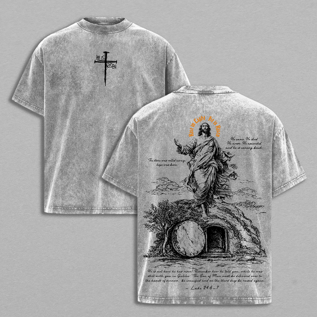 He Is Risen Easter T-Shirt Jesus Empty Tomb Resurrection Luke 24:6 Faith Christian Vintage Washed Oversized Jeus Tee