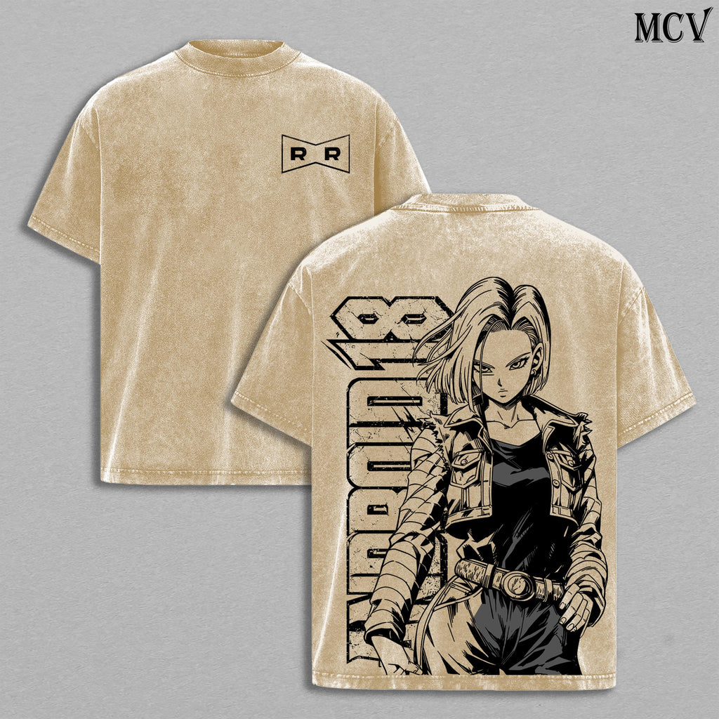Android 18 DBZ Shirt Vintage Washed Tee | DBZ Anime Streetwear Graphic T-Shirt | Manga Oversized Shirt for Men Women