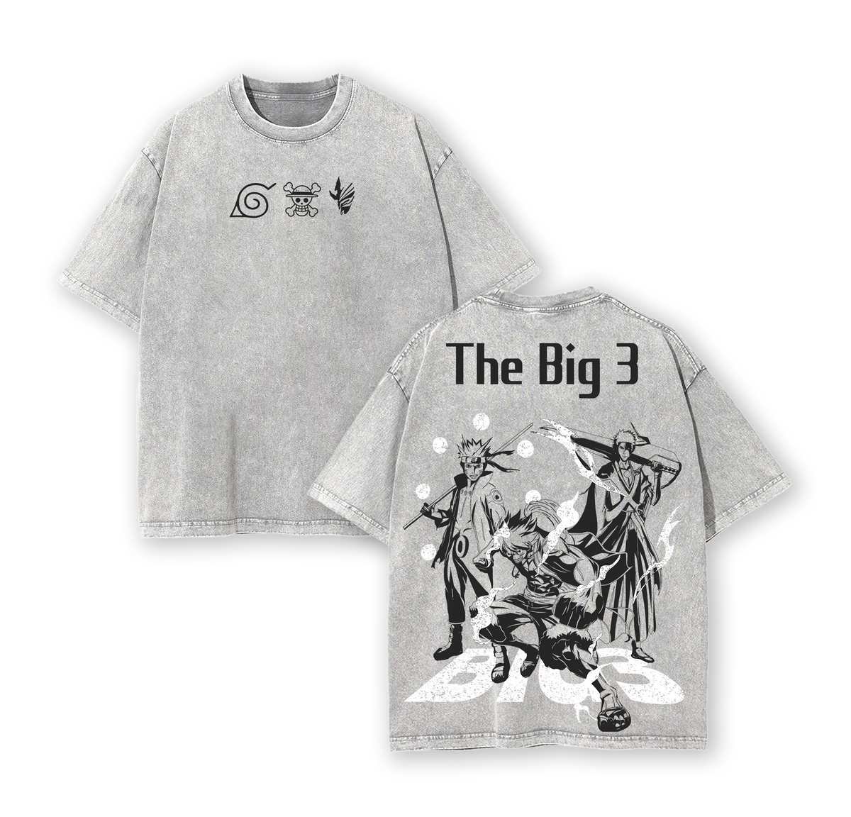 The Big 3 Anime T-Shirt – Oversized Vintage Washed Tee, Naruto One Piece Bleach Inspired Shirt