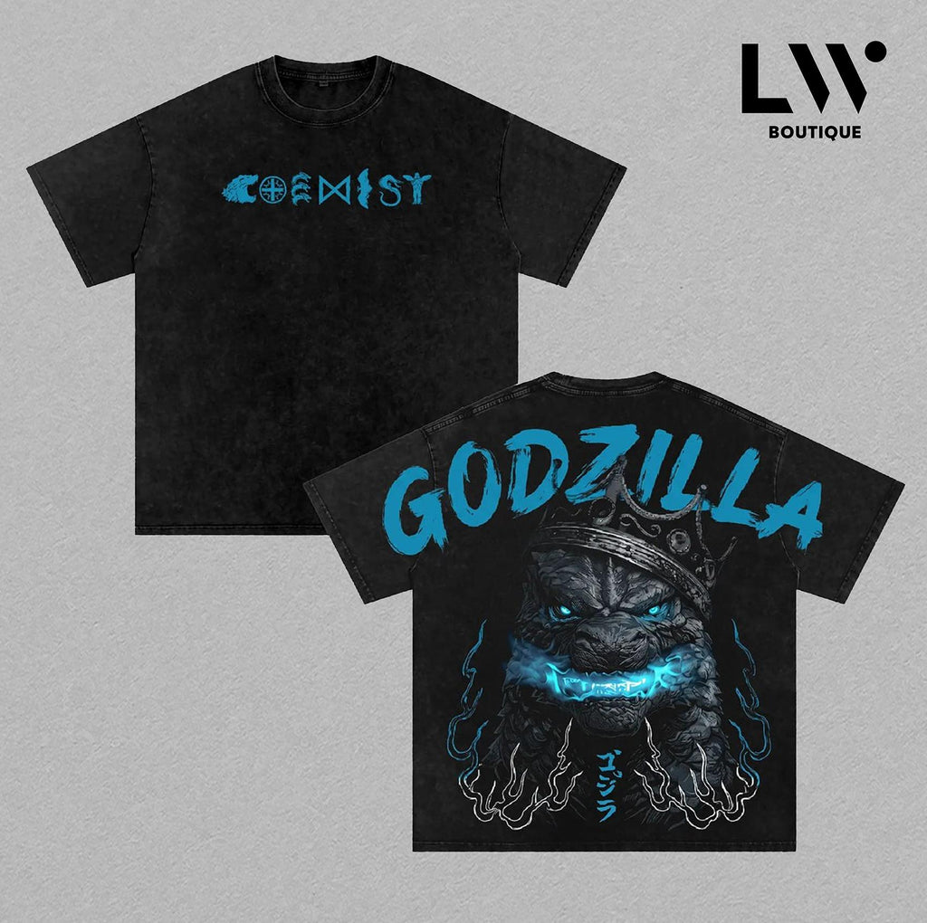 Godzilla King Of Monsters Vintage Washed Tee, Oversized Heavyweight Cotton T-Shirt, Kaiju Anime Streetwear Graphic Shirt for Monster Fans