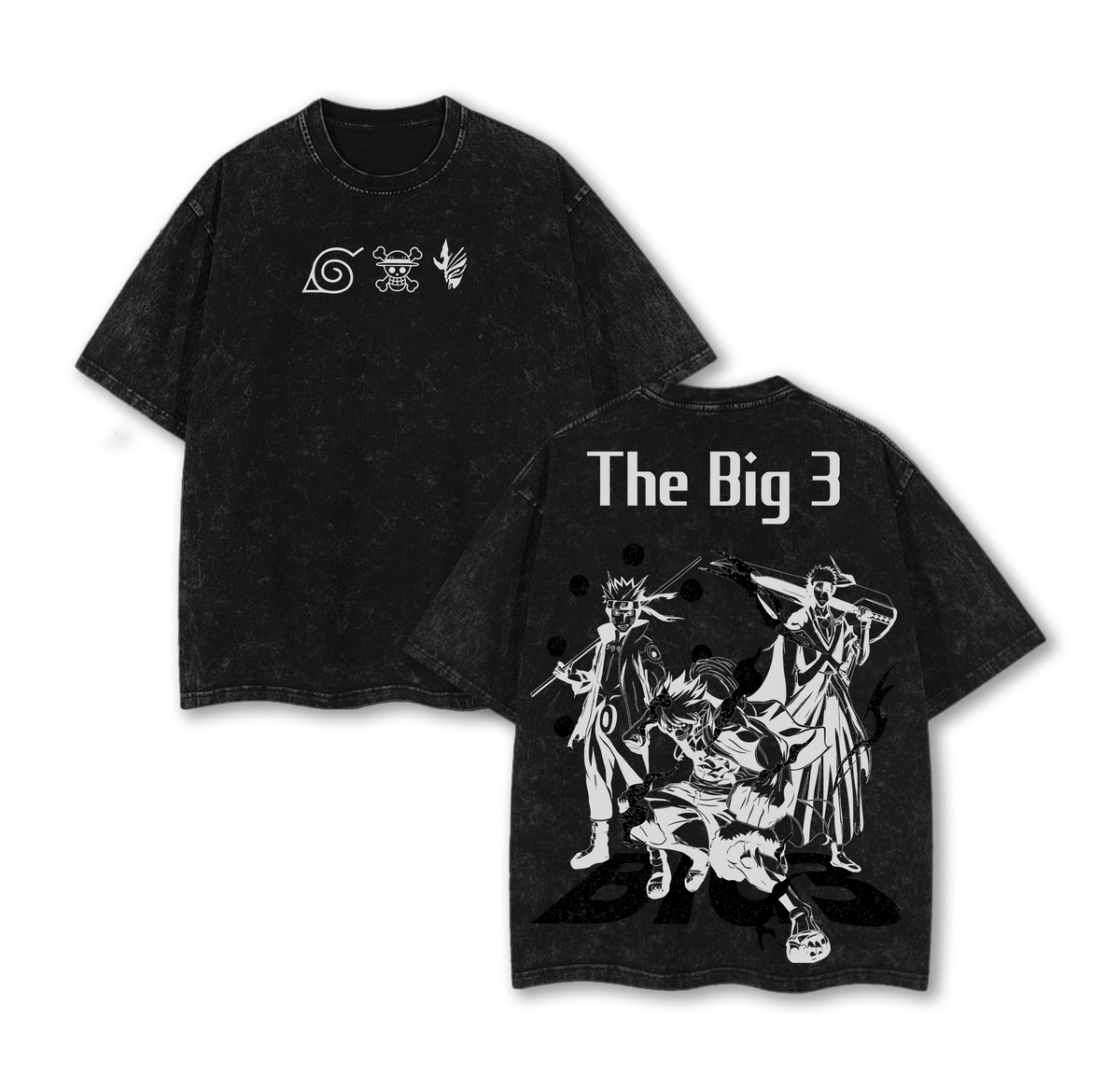 The Big 3 Anime T-Shirt – Oversized Vintage Washed Tee, Naruto One Piece Bleach Inspired Shirt