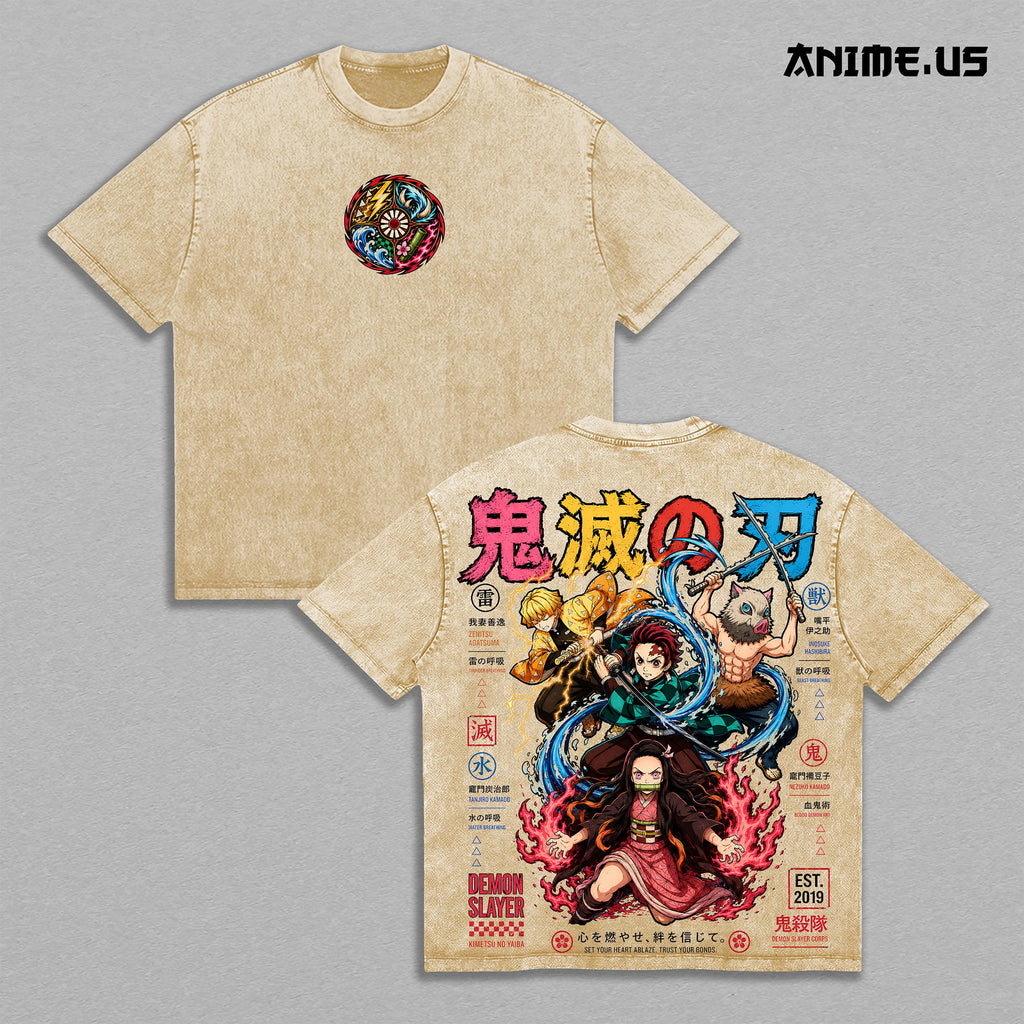 Tanjiro Nezuko Zenitsu Inosuke Demon Slayer Anime Vintage Washed Tee