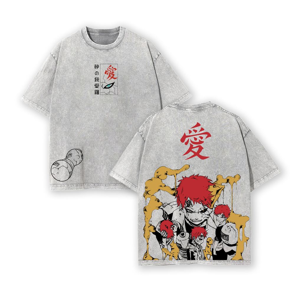 Limited Edition Sunagakure no Gaara - Naruto Shippuden Anime Double Printed Oversize Lightweight Acid Washed Tee