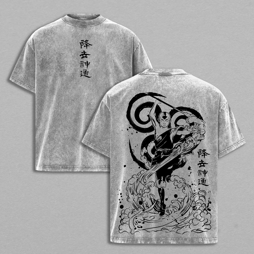 Aang Avatar Anime Graphics Tee – T-shirt Washed Design Shirt, Double Printed Oversize Unisex Streetwear, Urban Outfit for Fans of Animated Legends