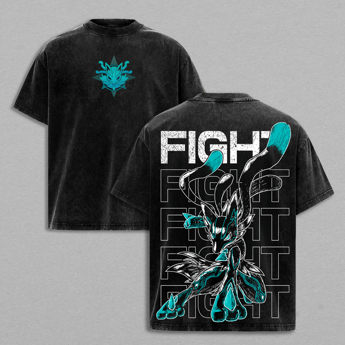 Mega Lucario - PKM Anime T-Shirt Vintage Acid Wash Oversized Graphic Tee Streetwear Aura Gift