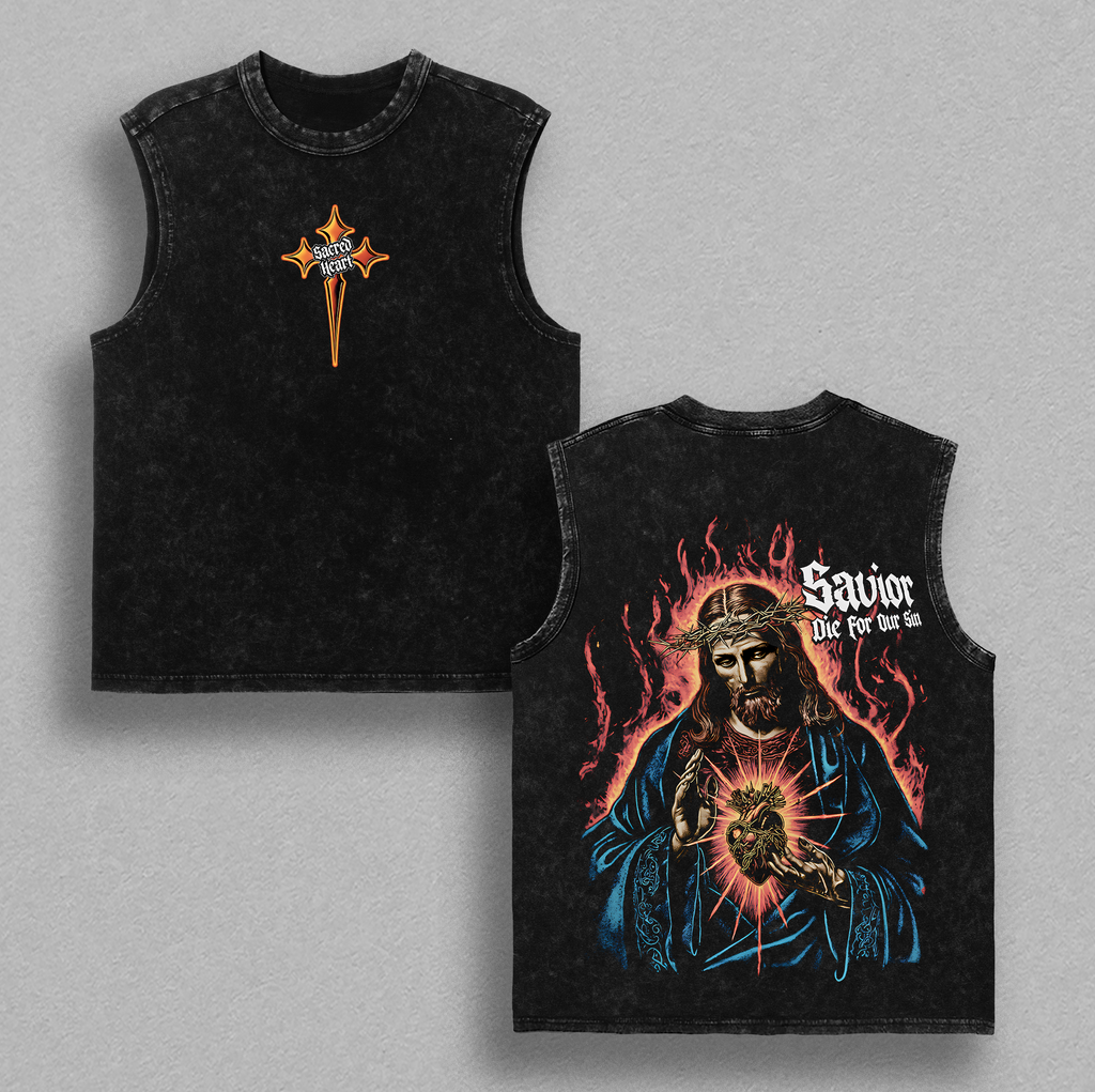 Sacred Heart Savior Jesus Died for Our Sins Christian Vintage Washed Tee