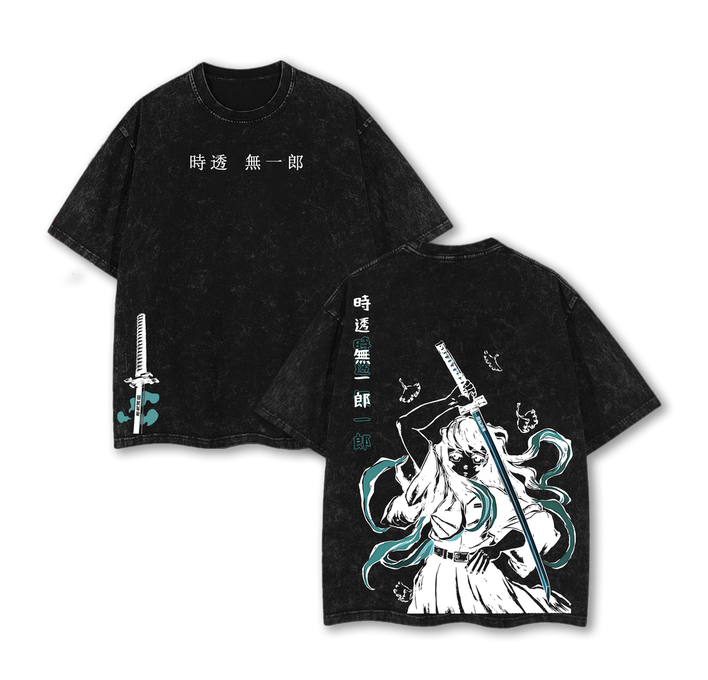 Tokitou Muichirou Mist Breathing Vintage Washed Oversized T-Shirt, Anime Double Printed Heavy Cotton Streetwear Graphic Tee