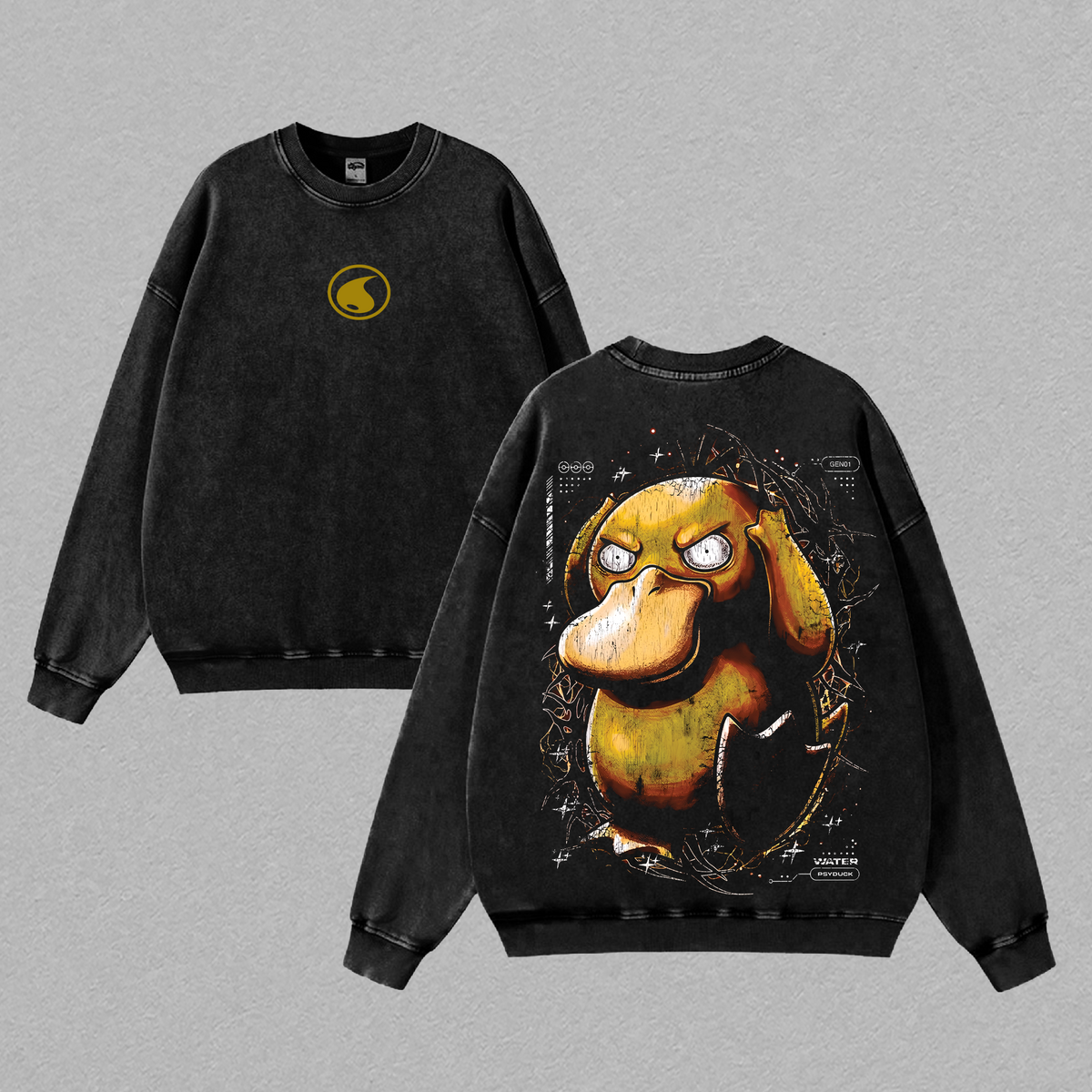 Vintage Psyduck Acid Washed T-Shirt Unisex Oversized Anime Manga T-Shirt Heavyweight Cotton Tee for Anime Fans