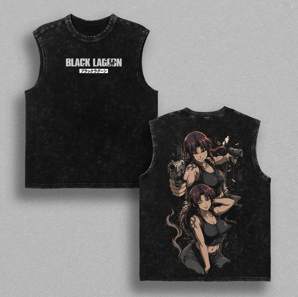 Black Lagoon Anime Double Printed Vintage Washed Tee Unisex Oversize Anime Manga Washed Heavyweight Cotton T-shirt