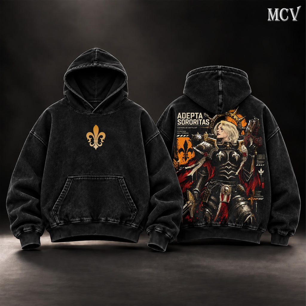 Sisters of Battle Adepta Sororitas T-Shirt, Hoodie Gothic Female Warrior Graphic Apparel, Vintage Washed Oversized Streetwear, Sci-Fi Battle Fan Gift