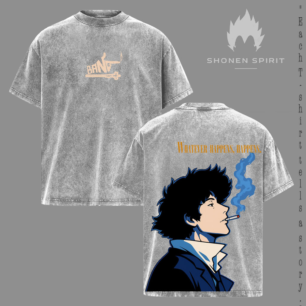 Cowboy Bebop – Washed T-Shirt, Space Cowboy Anime Graphic Tee, Spike Spiegel Retro Style Oversized Heavyweight Cotton