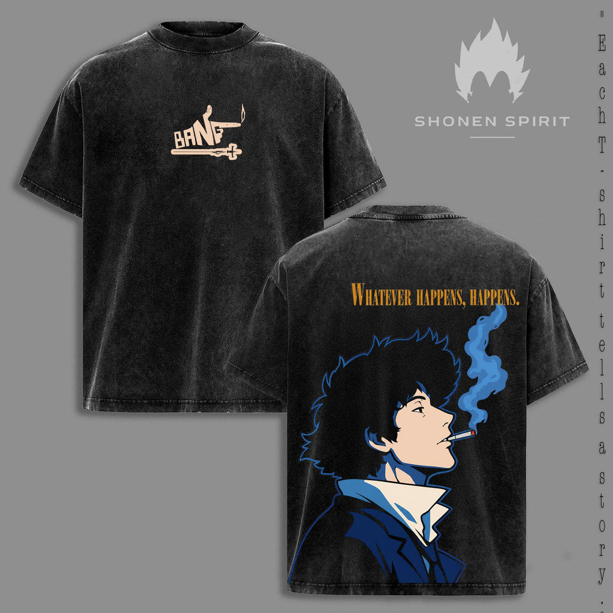 Cowboy Bebop – Washed T-Shirt, Space Cowboy Anime Graphic Tee, Spike Spiegel Retro Style Oversized Heavyweight Cotton