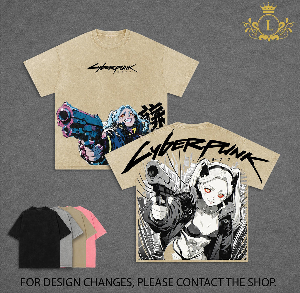 Limited Cyberpunk Edgerunners Rebecca Anime Double Printed Vintage Washed Tee Unisex Oversize Anime Manga Washed Heavyweight Cotton T-shirt