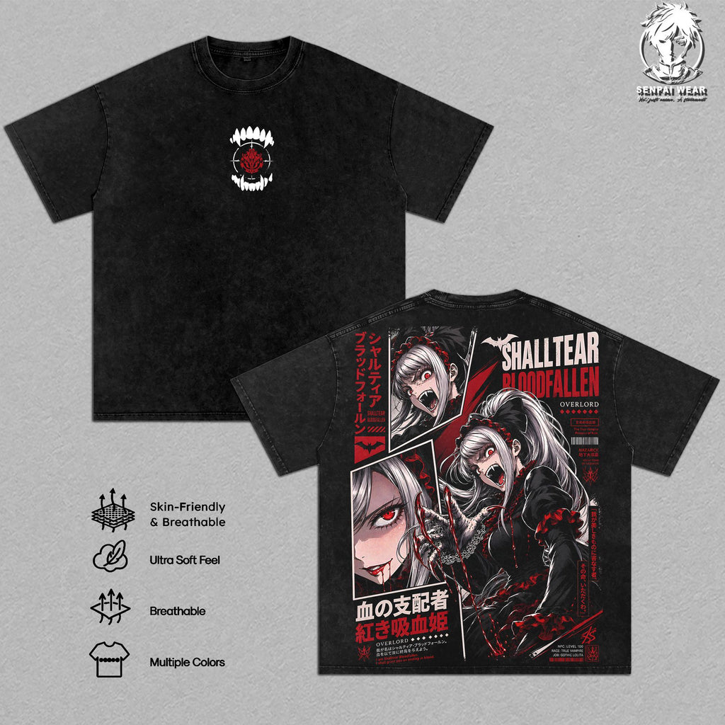 Shalltear Bloodfallen Overlord Anime Double Printed Vintage Washed Tee Unisex Oversize Heavyweight Cotton T-shirt for Anime Fans and Lovers