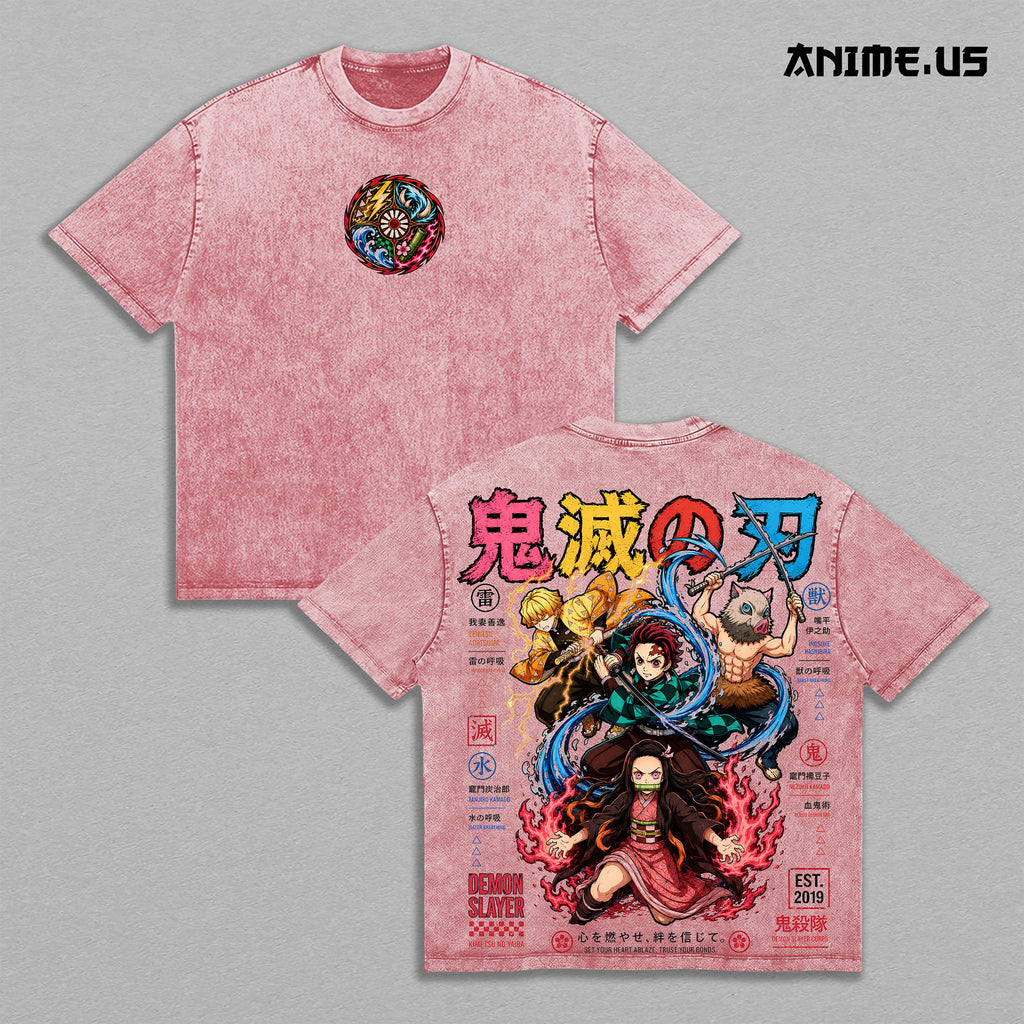 Tanjiro Nezuko Zenitsu Inosuke Demon Slayer Anime Vintage Washed Tee