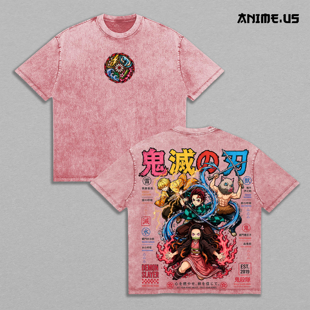 Tanjiro Nezuko Zenitsu Inosuke Demon Slayer Anime Vintage Washed Tee