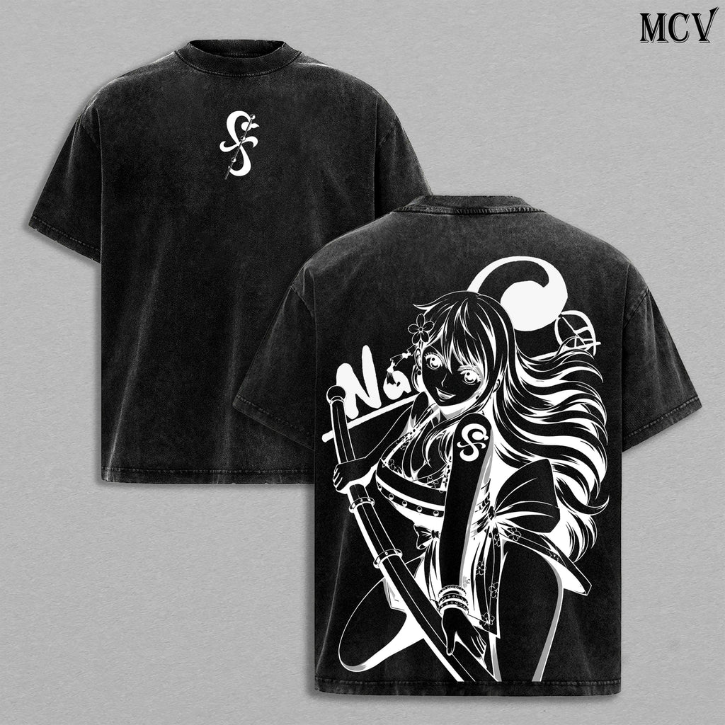 Nami Washed Tee – One Piece Anime Manga Lightning Girl Graphic Double Printed T-Shirt, Menswear Heavy Cotton Unisex Oversize Vintage Streetwear
