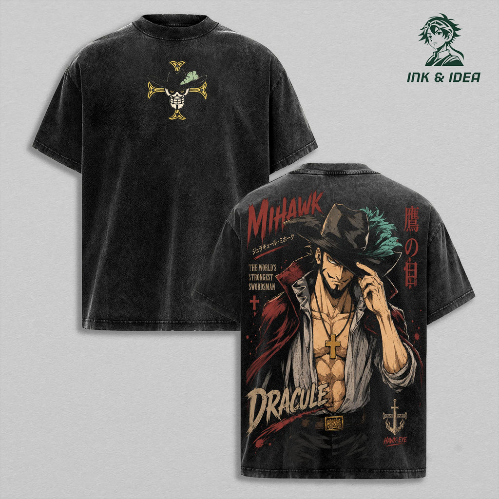 Hawk Eyes Mihawk Vintage Washed T-Shirt, One Piece Legendary Swordsman Anime Graphic Tee, Heavyweight Cotton Retro Streetwear, Unisex Manga Fan Gift