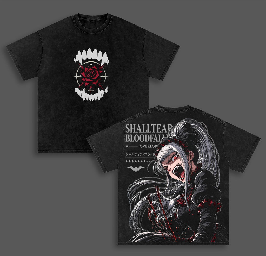 Shalltear Bloodfallen Overlord Anime Double Printed Vintage Washed Tee Unisex Oversize Heavyweight Cotton T-shirt for Anime Fans and Lovers