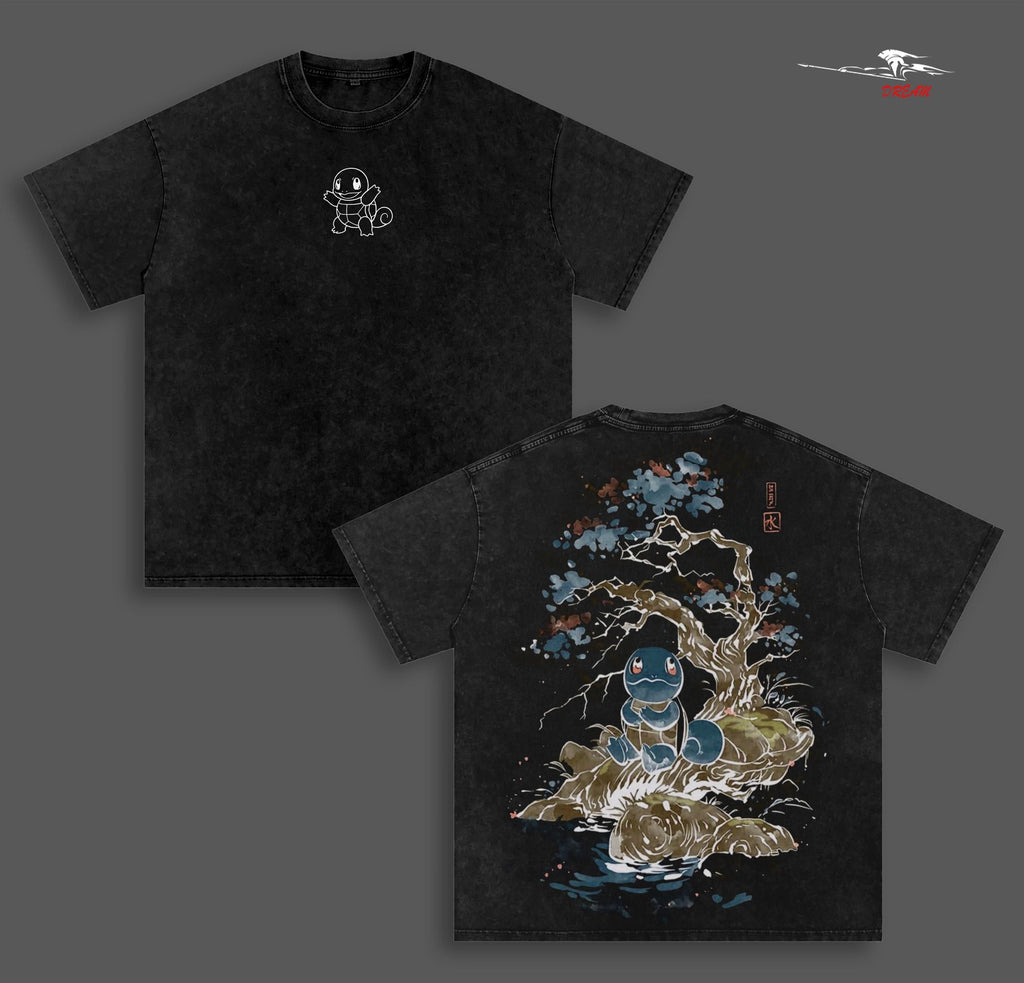 PKM Anime Double Printed Vintage Washed Tee Unisex Oversize Heavyweight Cotton T-shirt for Anime Fans and Lovers