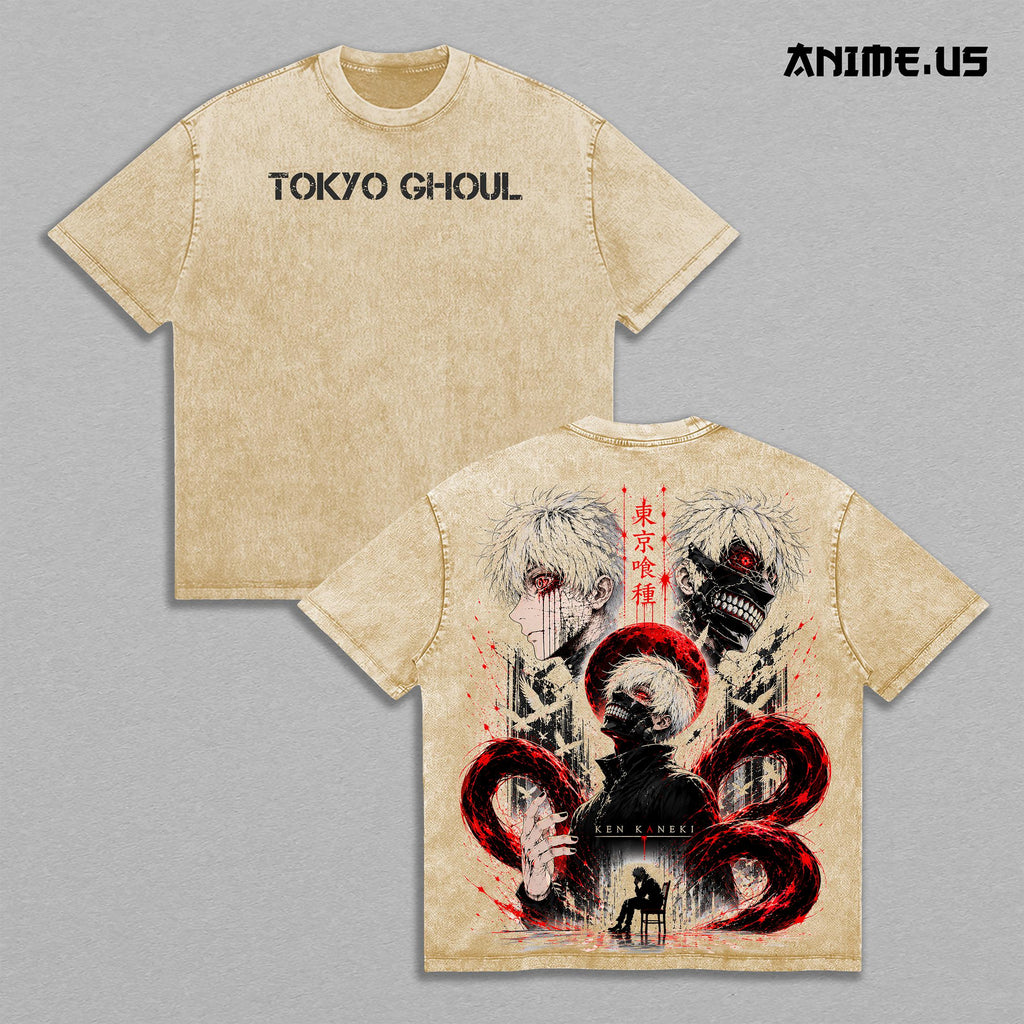 Ken Kaneki Tokyo Ghoul Vintage Washed T-Shirt | Red Eyed Ghoul Anime Graphic Tee | Dark Manga Oversized Streetwear Shirt