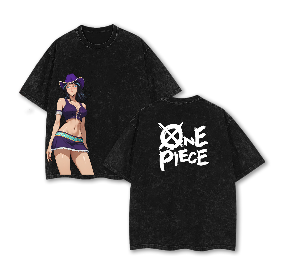 Nico Robin x One Piece Anime Double Printed Vintage Washed Tee Unisex Oversize Heavyweight Cotton T-shirt