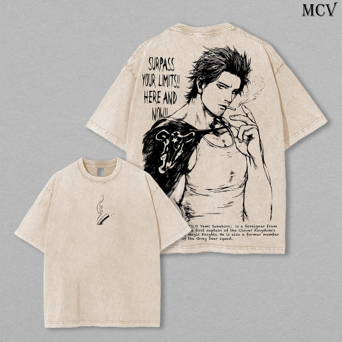 Yami Sukehiro x Black Bulls Black Clover Anime Double Printed Vintage Washed Tee Unisex Oversize Heavyweight Cotton T-shirt
