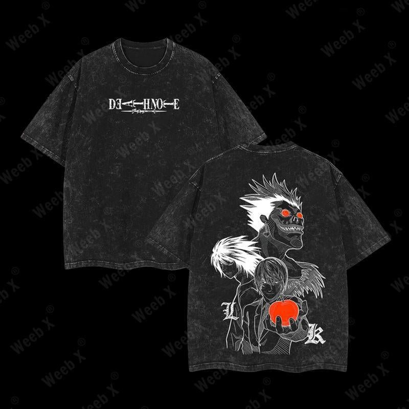 Death Note Washed T-Shirt – L, Kira & Ryuk Graphic Tee, Anime Double Printed Oversize Lightweight Acid Washed Tee, Gift For anime lover