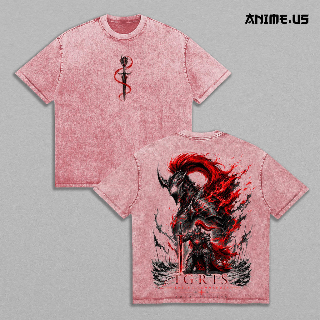 Igris Knight Commander Solo Leveling Vintage Washed T-Shirt | Shadow Knight Anime Graphic Tee | Oversized Heavyweight Streetwear Shirt