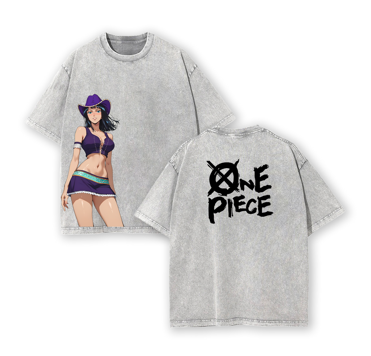 Nico Robin x One Piece Anime Double Printed Vintage Washed Tee Unisex Oversize Heavyweight Cotton T-shirt