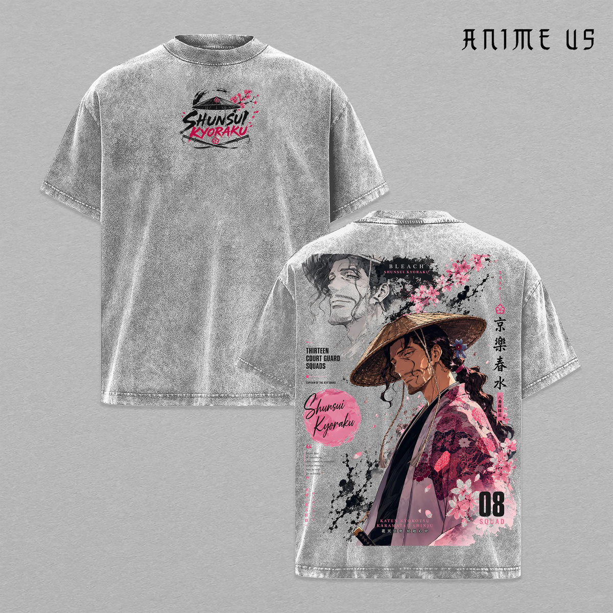 Shunsui Kyoraku Thousand-Year Blood War Bleach Anime Shirt Captain Commander Vintage Washed Oversized Graphic Tee Soul Reaper Squad 8