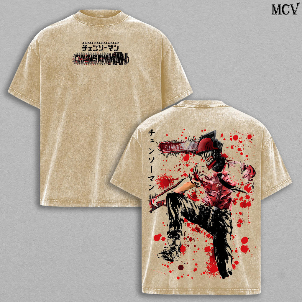 Denji Chainsaw Man Tee – Anime Vintage Washed Oversize T-Shirt Heavy Cotton Menswear Double Printed Unisex Manga Streetwear Retro Fans Edition